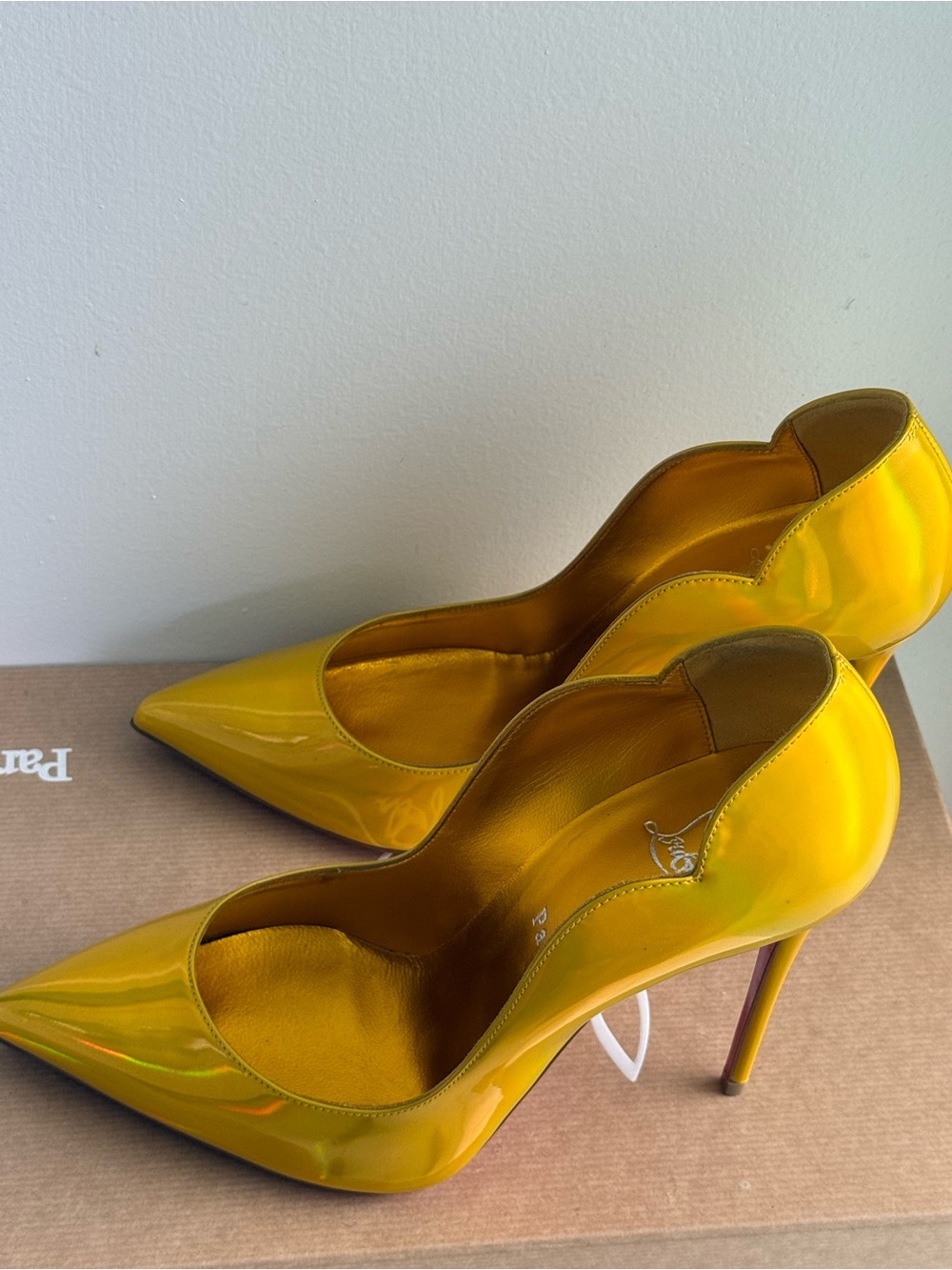 Christian Louboutin Yellow Patent Pointed-Toe Stiletto Pumps